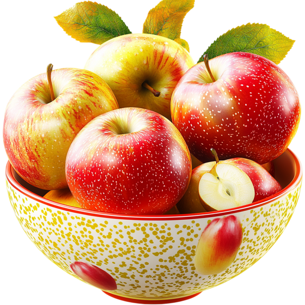 Juicy Red Apples in a Gleaming Golden Bowl Fresh Leaves a Vibrant Glow png