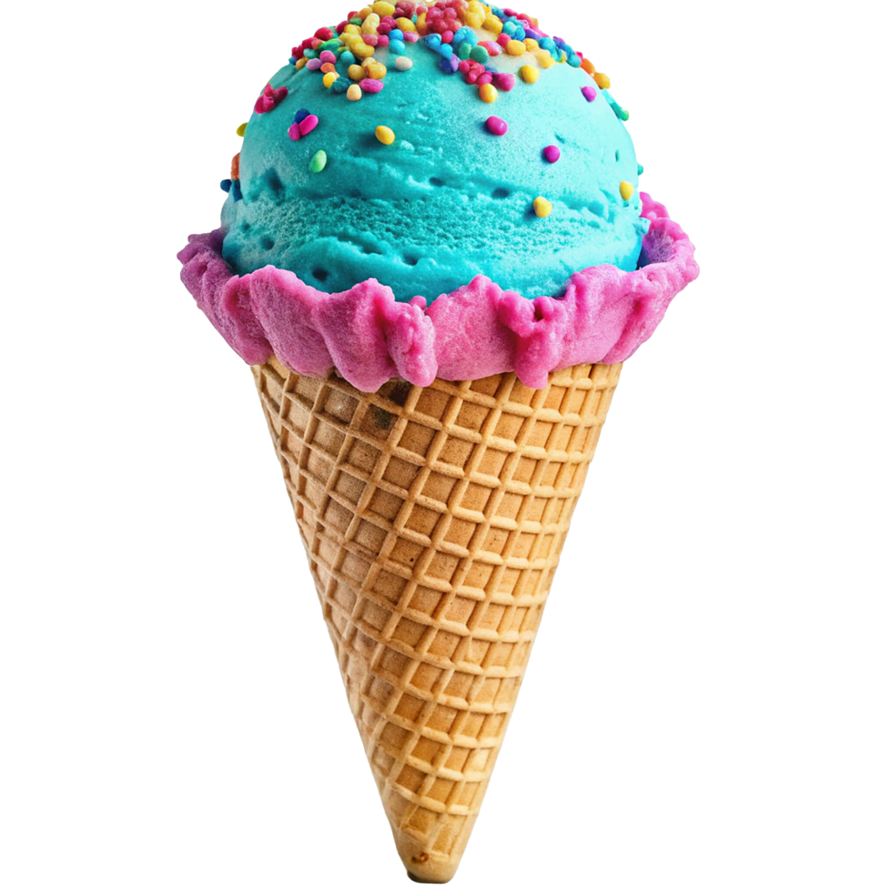 Delicious Blue Ice Cream Cone with Pink and Rainbow Sprinkles png