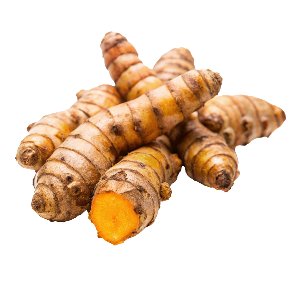 A CloseUp View of Fresh Turmeric Roots, Showing Their Rich Golden Orange Interior and Brownish Exterior png