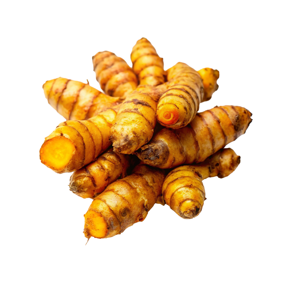 A CloseUp View of Fresh Turmeric Roots, Vibrant Yellow Orange Hue, Ready for Culinary or Medicinal Use png