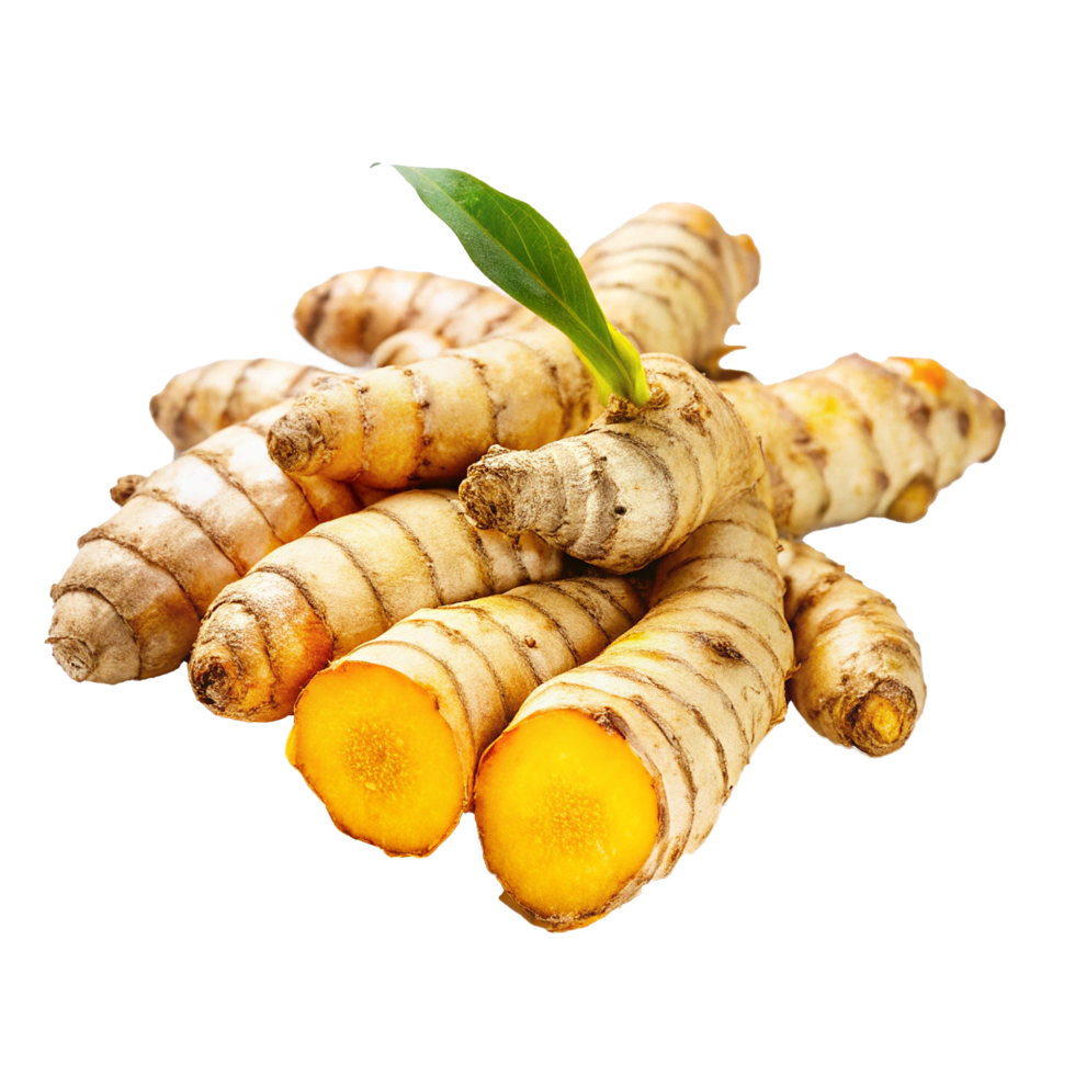 Fresh Turmeric Roots with Vibrant Yellow Interior and Green Leaf png