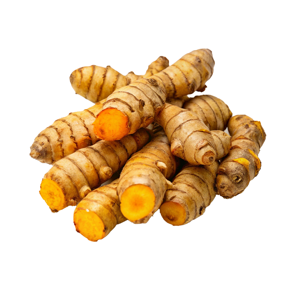 Aromatic Pile of Fresh Turmeric Roots, Vibrant Orange Interiors, Golden Yellow Exterior png