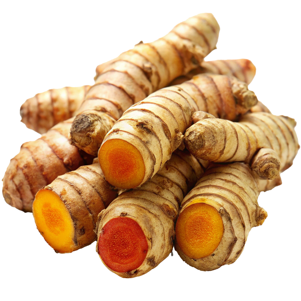 A CloseUp View of Fresh Turmeric Roots, Showing Their Vibrant Orange and Yellow Interiors png