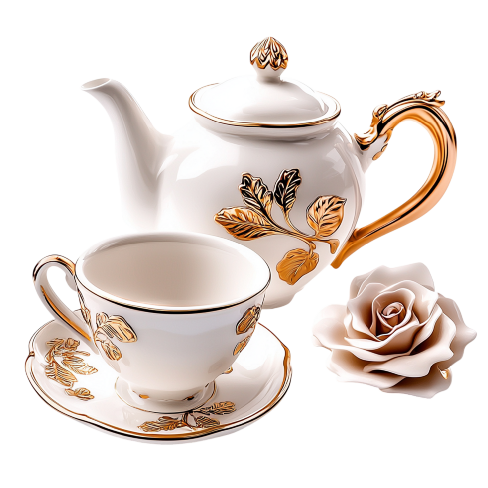 Refined Porcelain Tea Set Gold Floral Accents a Gracefully Curved Teapot png