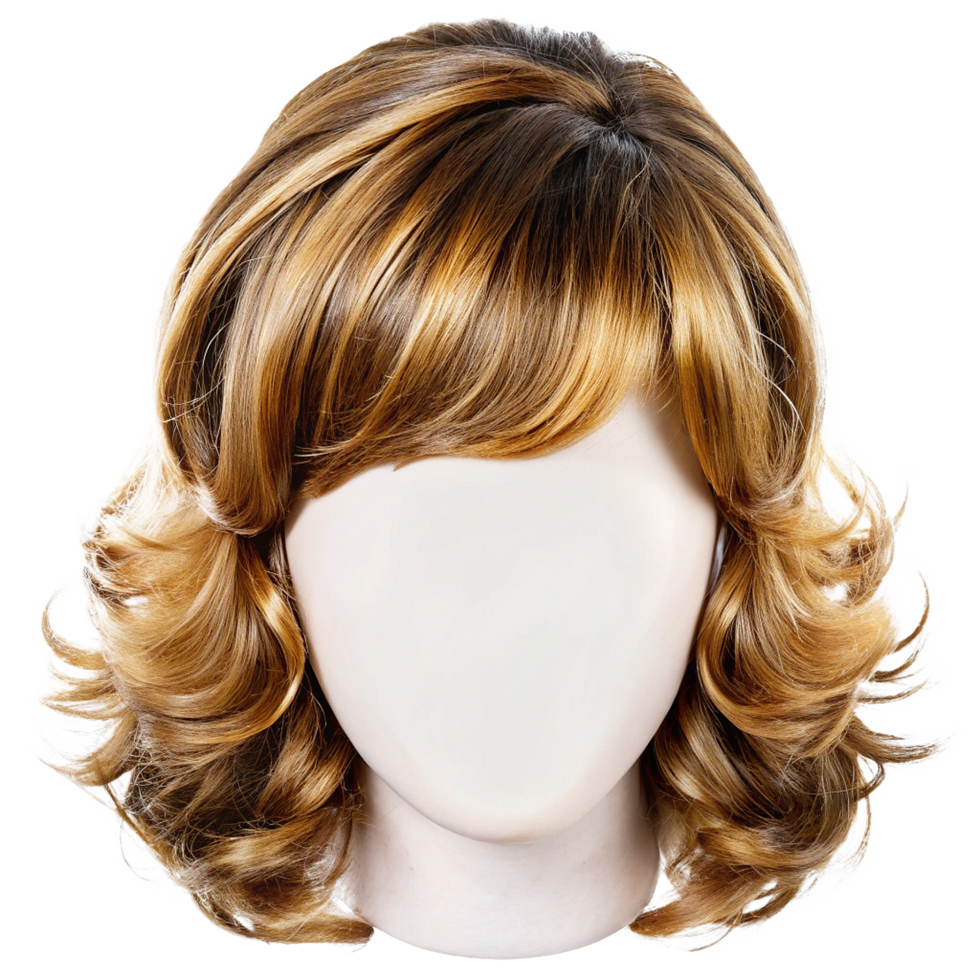 Stylish Medium Length Brown and Blonde Curly Wig on Mannequin Head png
