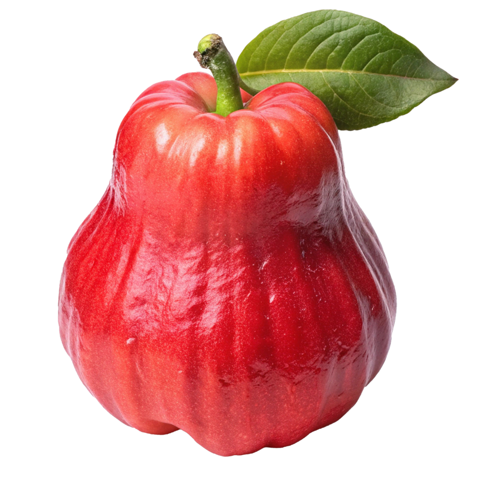 A Vibrant Red Rose Apple with a Lush Green Leaf Isolated on White Background png