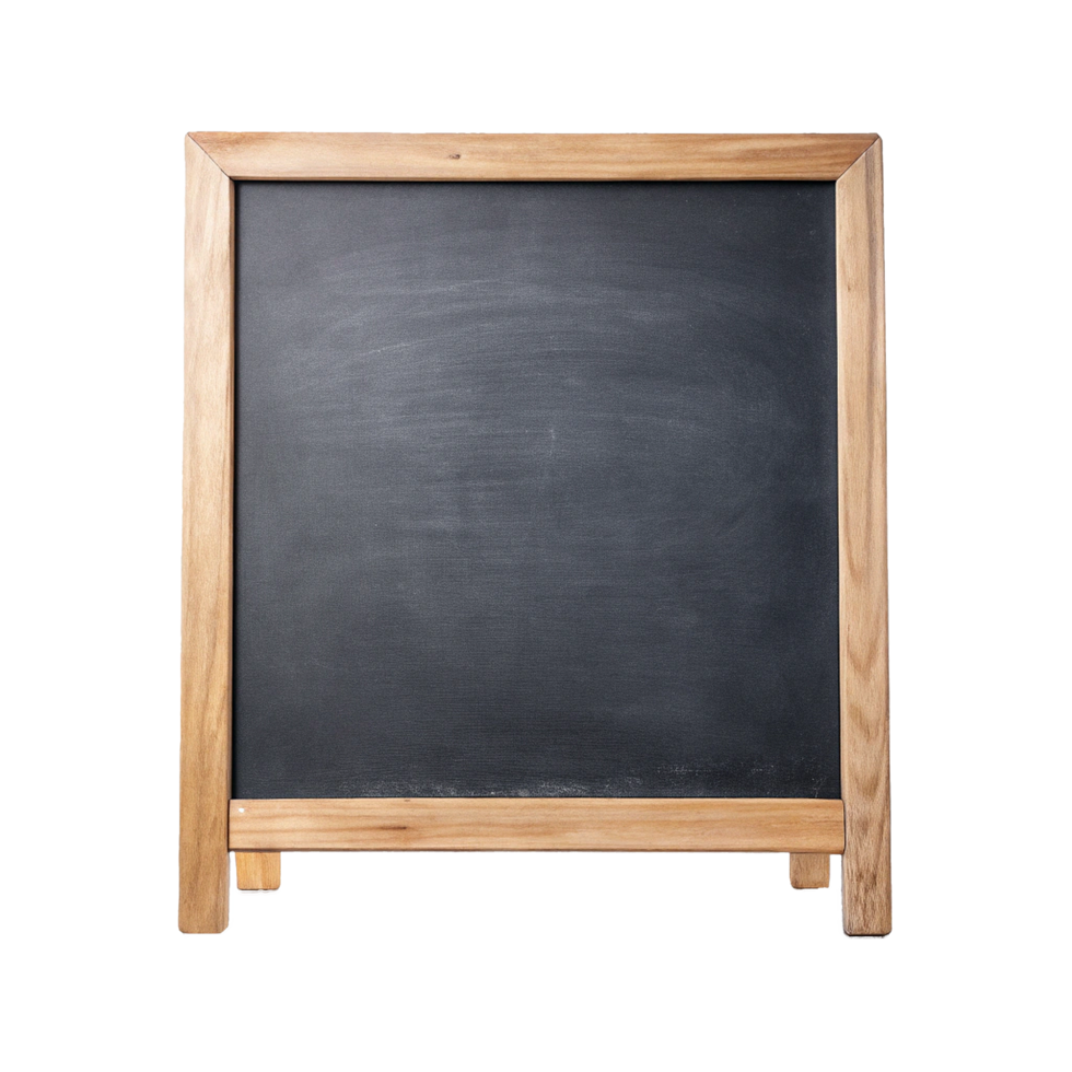 A blank, freestanding, woodenframed chalkboard on a white background png