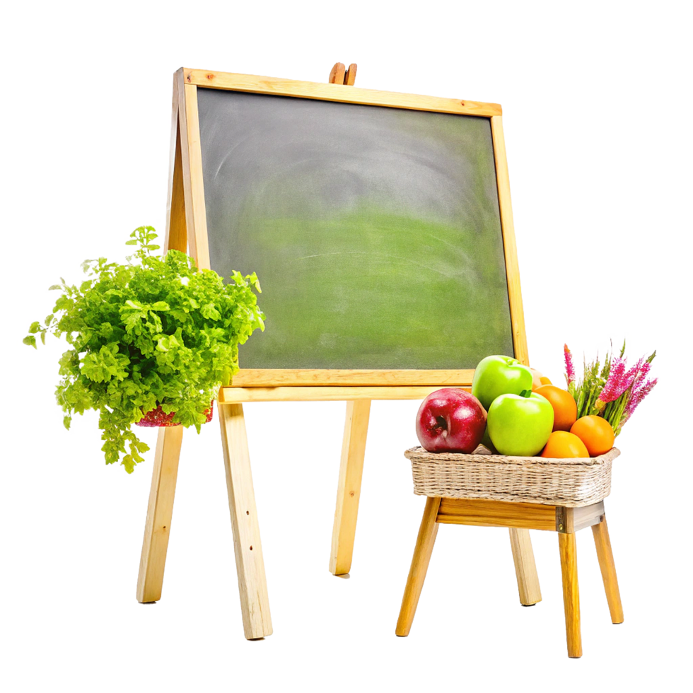 Wooden Easel Blackboard with Fresh Fruits and Herbs in a Basket png