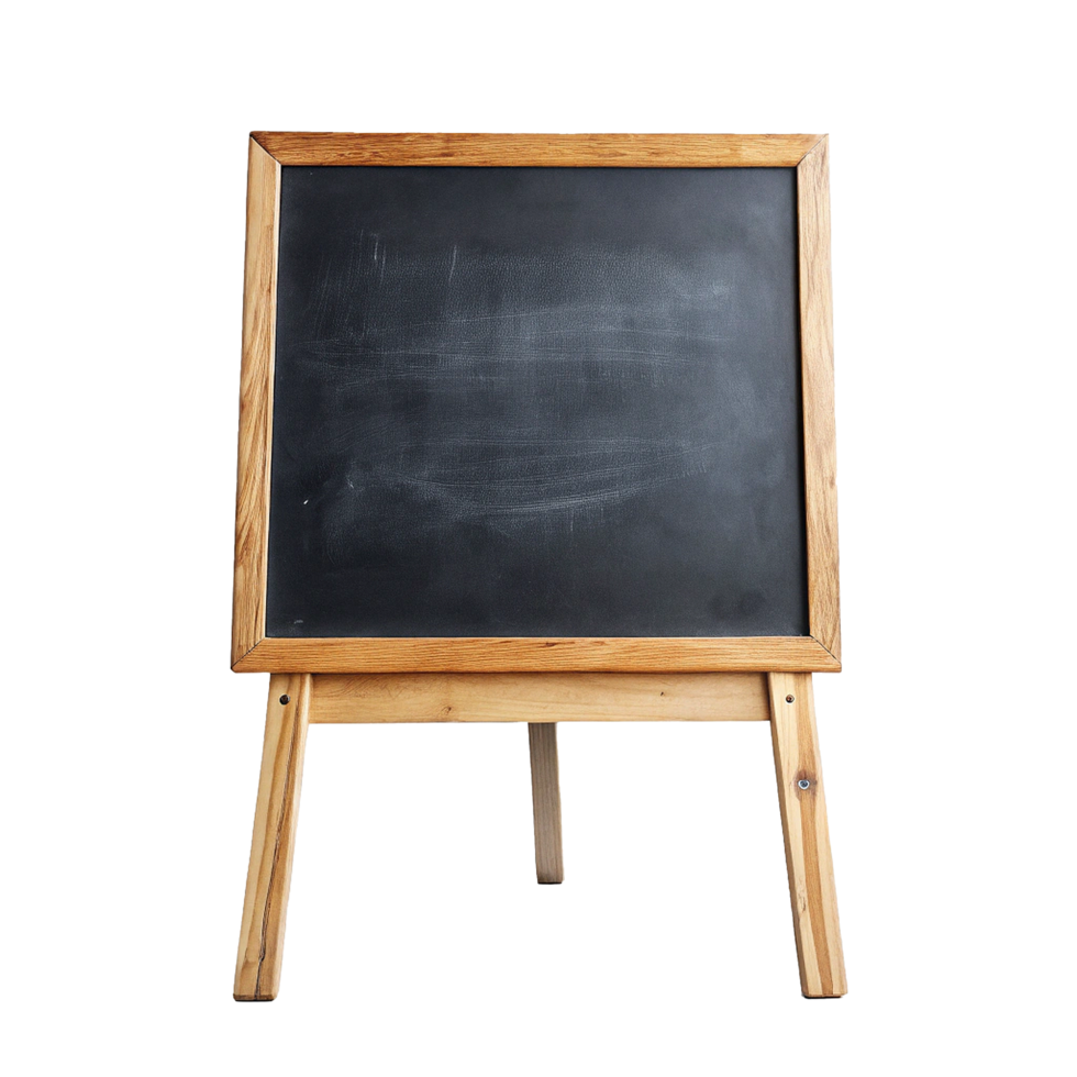 A Rustic Wooden Easel with a Blank Chalkboard for Messages and Announcements png