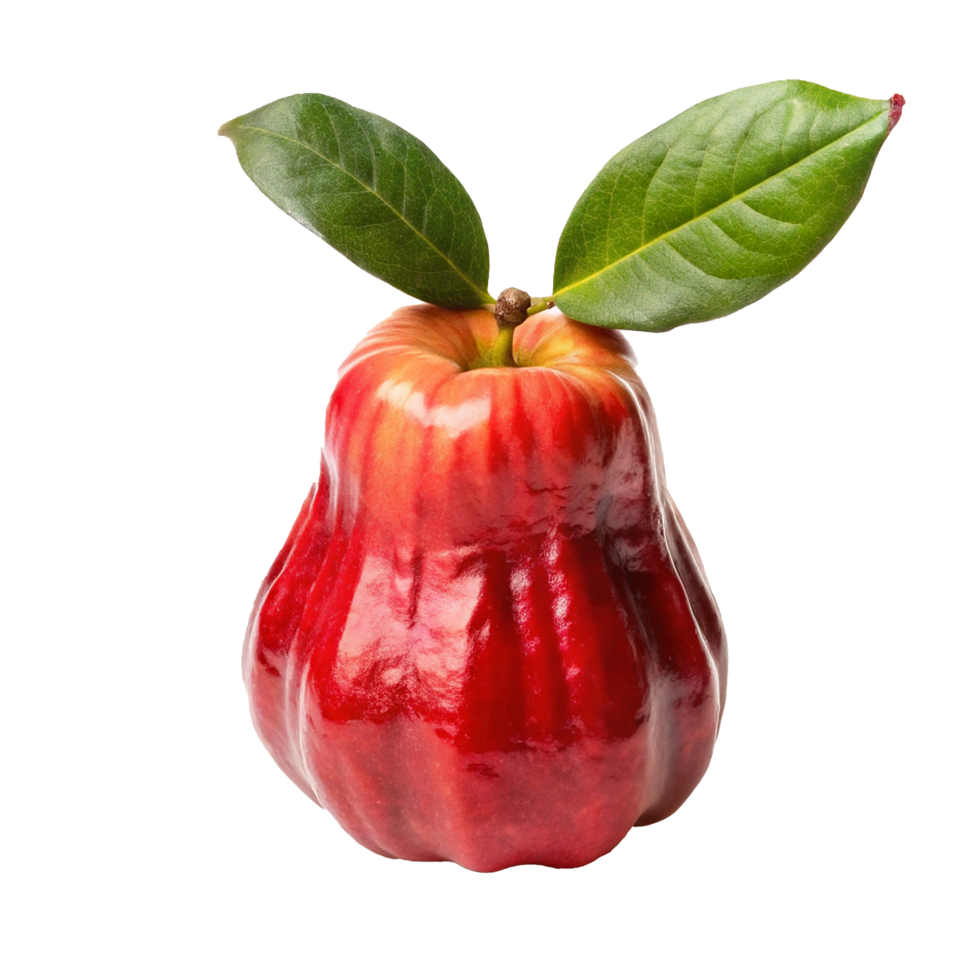 A Single Vibrant Red Rose Apple with Lush Green Leaves png