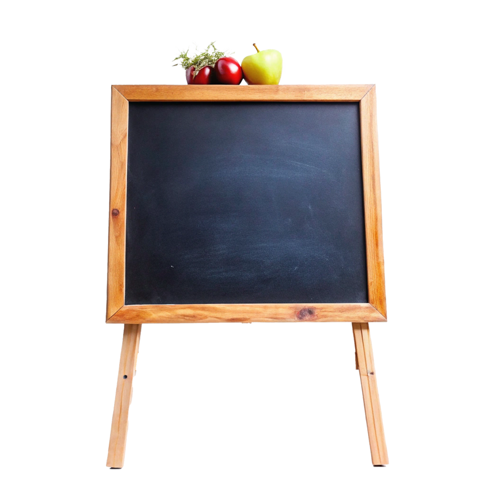 A blank wooden framed chalkboard on an easel with apples and herbs png