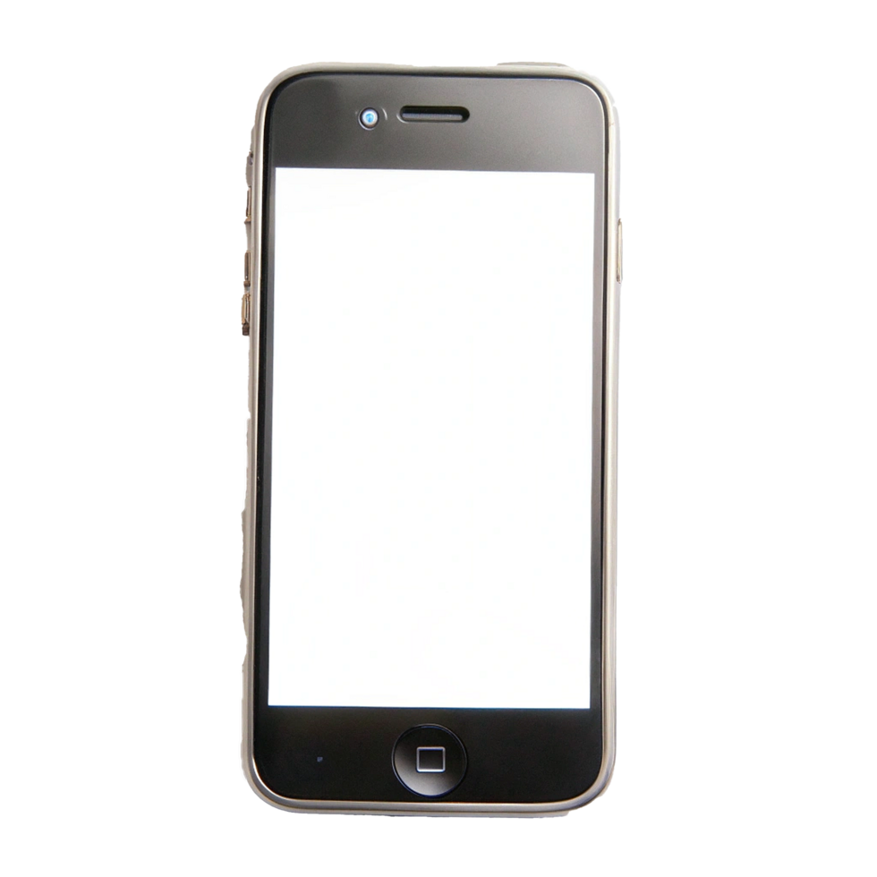 A sleek black smartphone with a blank white screen, isolated on a white background, showing its minimalist design and modern technology png