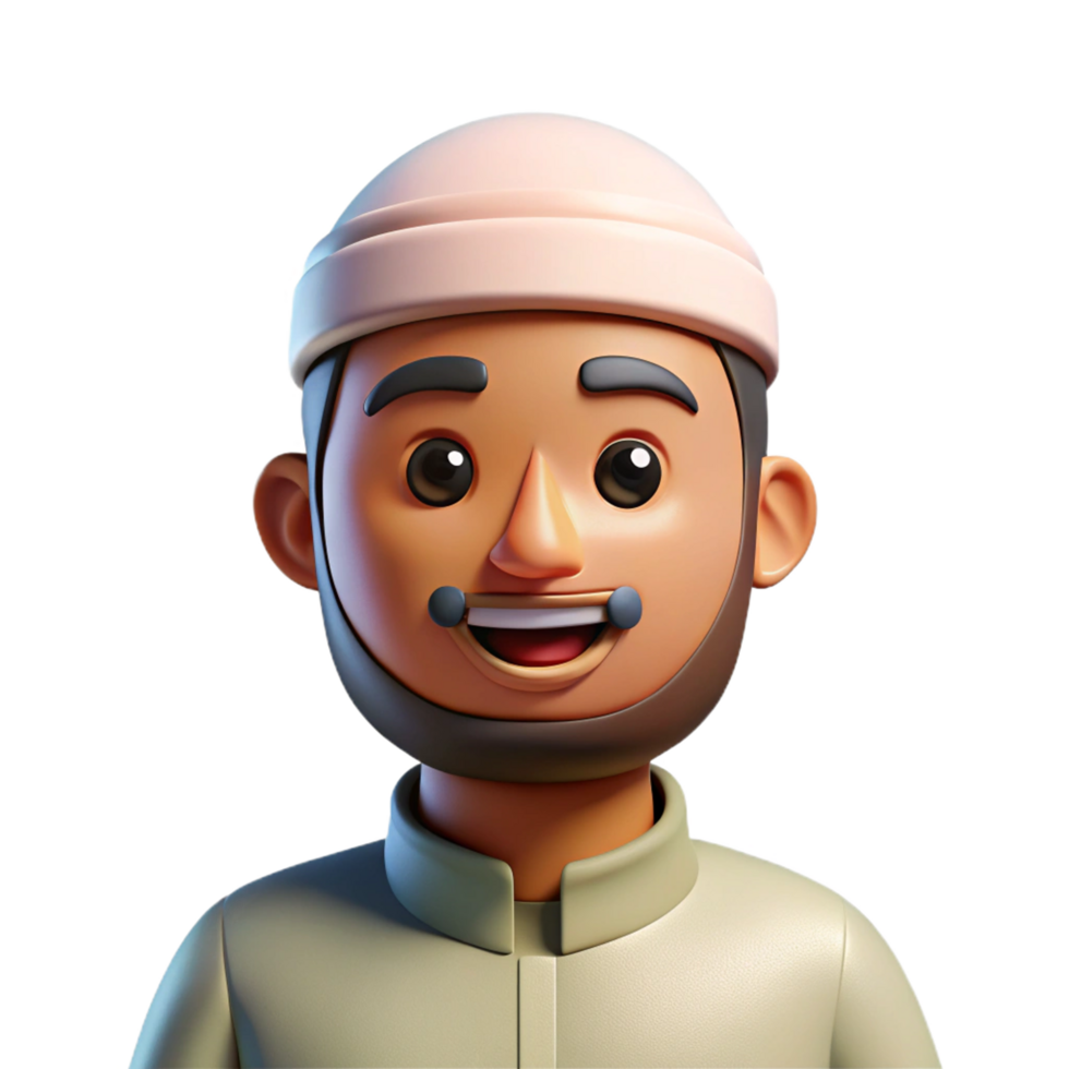Smiling 3D Cartoon Muslim Man Wearing a Kufi Cap and Thobe png
