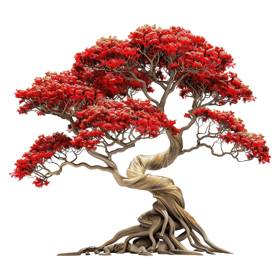 A Stunning Red Bonsai Tree with a Twisted Trunk and Intricate Root System Against a Soft Striped Background png