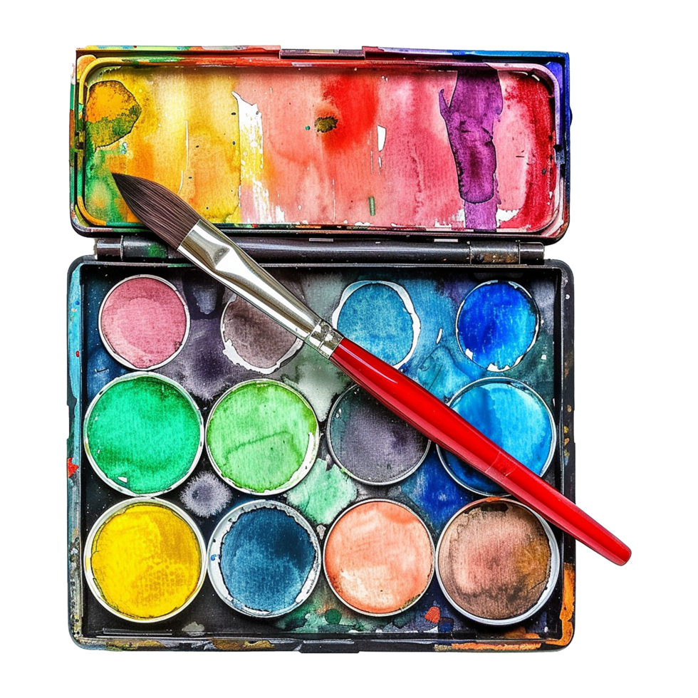A wellused watercolor paint set with a paintbrush resting on top png