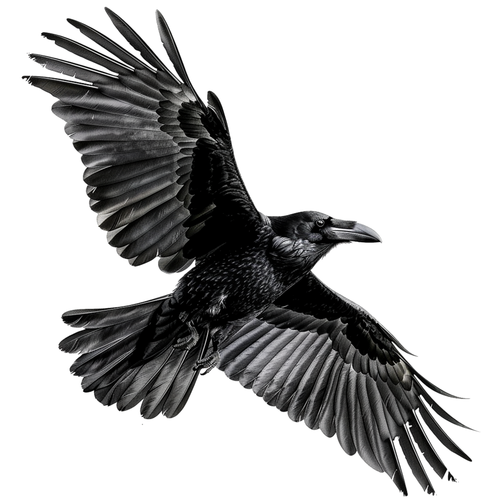 Majestic Black Raven in Flight Grayscale Illustration Artistic Rendering png