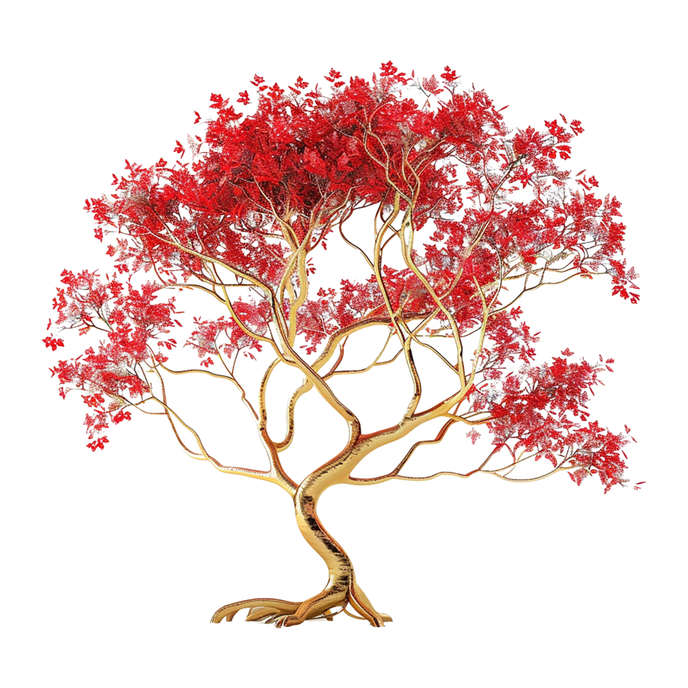 Abstract Golden Tree with Red Leaves on a Textured Background Artistic Wall Art Print png