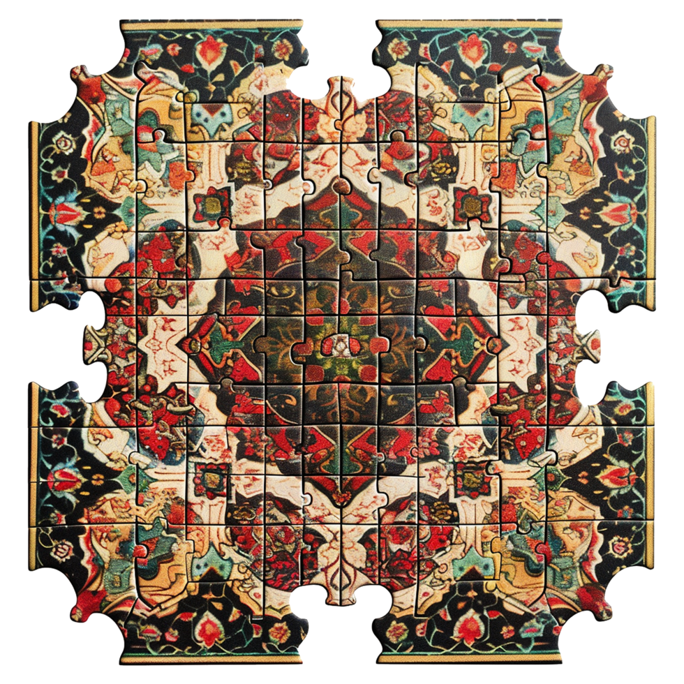 Intricate Persian Carpet Jigsaw Puzzle Partially Assembled Showing Colorful Floral and Geometric Patterns png