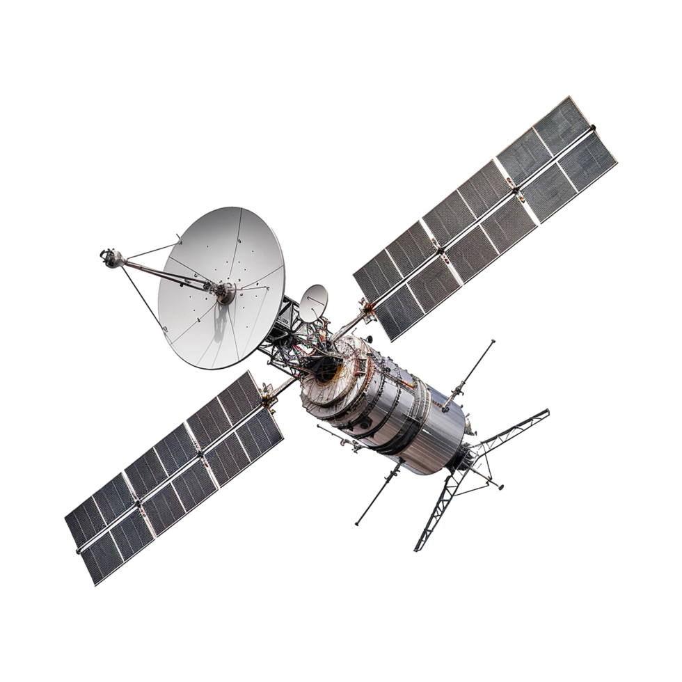 Detailed View of a Communications Satellite in Orbit Showing Solar Panels and Antennas png