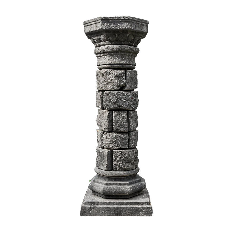 A Gray Stone Column Constructed of Irregularly Shaped Blocks with an Ornate Capital and Base png