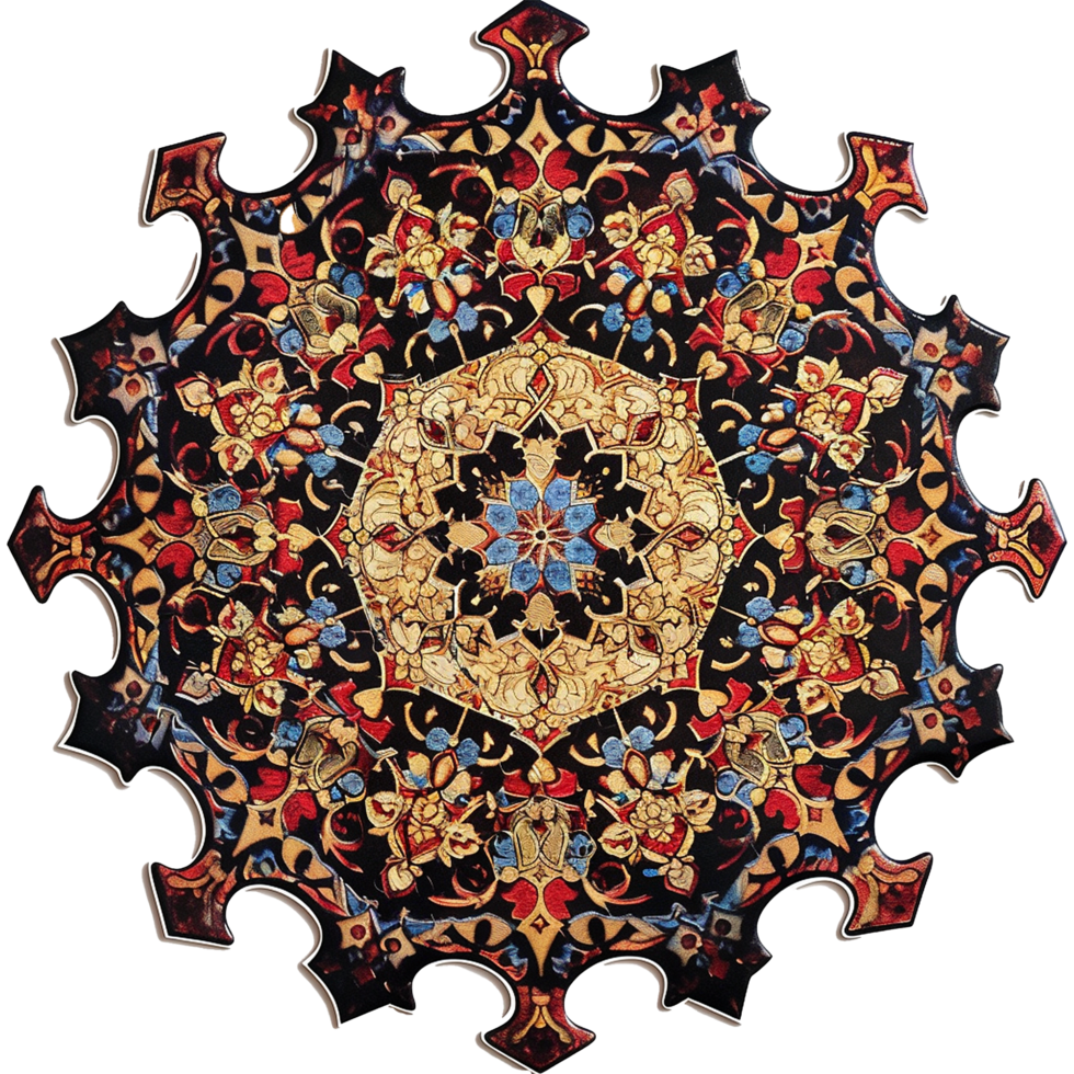 Intricate Medieval Mandala Design Puzzle Piece A Stunning Tapestry of Red Gold and Blue Hues png