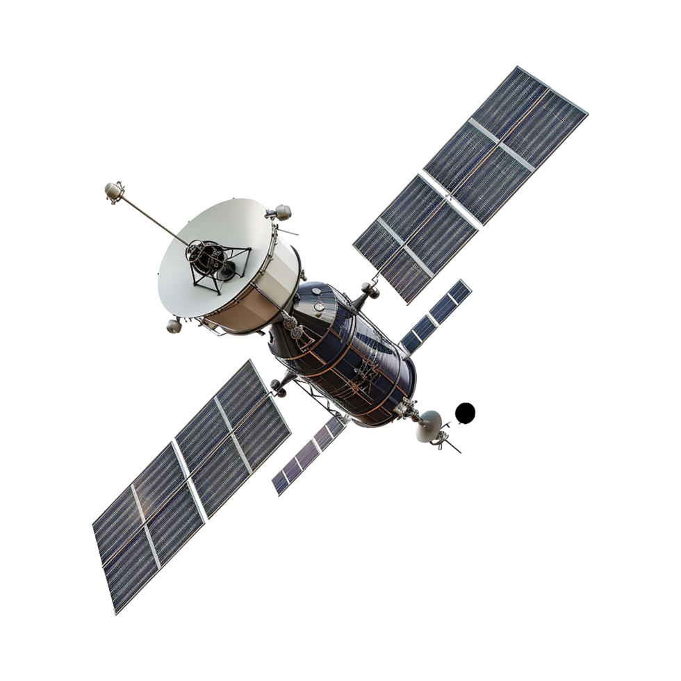 Detailed View of a Communication Satellite in Space Orbit with Solar Panels and Antenna png