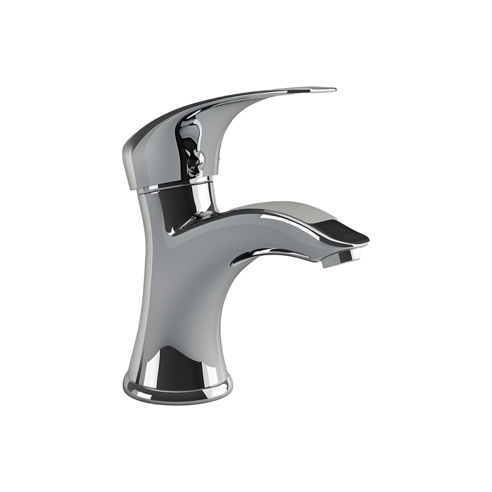 Sleek Chrome Bathroom Sink Faucet with Single Handle and Curved Spout png