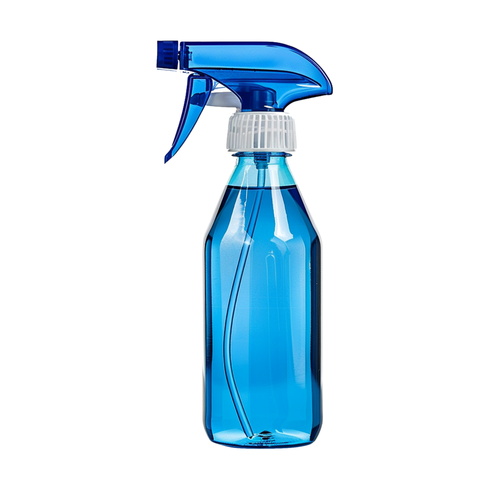 A Clear Blue Plastic Spray Bottle with a White Cap Filled with a Blue Liquid png