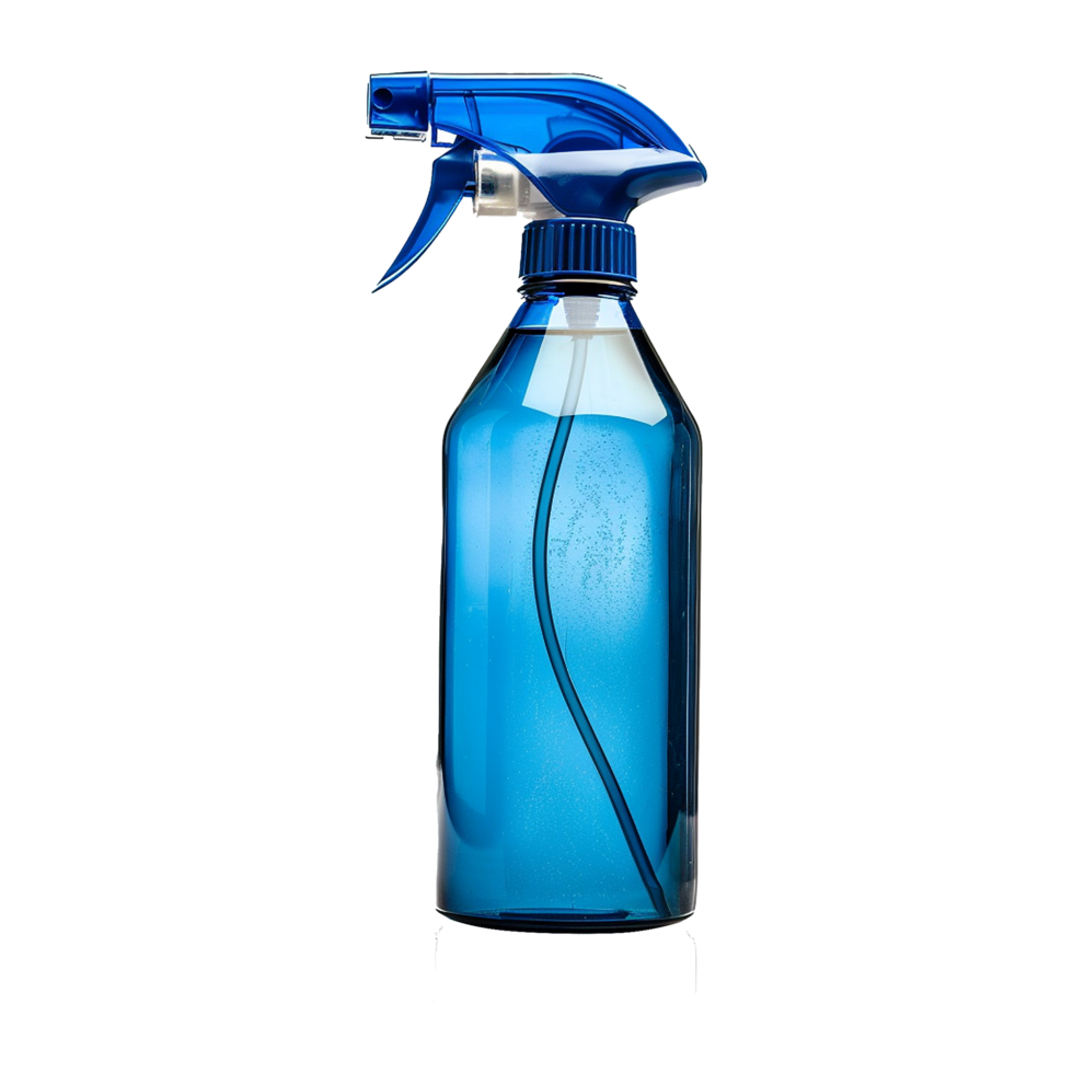 A tall blue plastic spray bottle filled with clear blue liquid is shown against a white background png