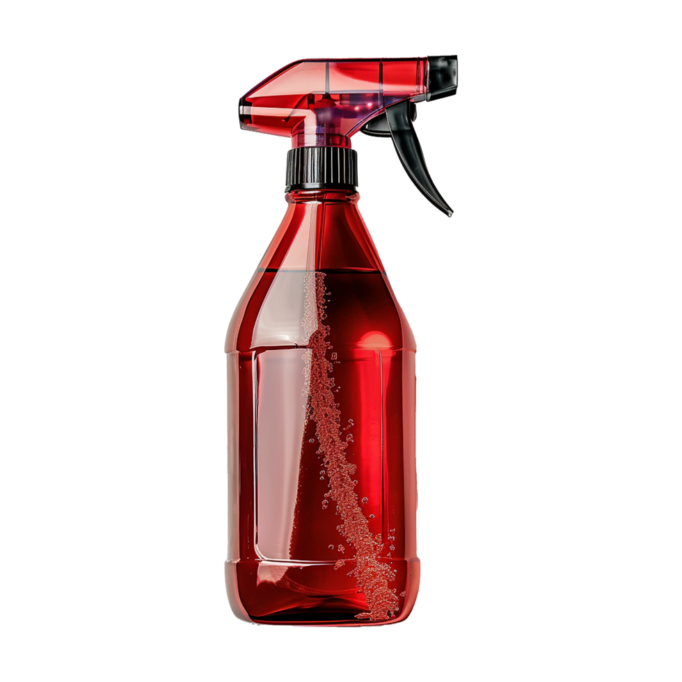 Red Plastic Spray Bottle with Trigger Sprayer and Liquid Inside png