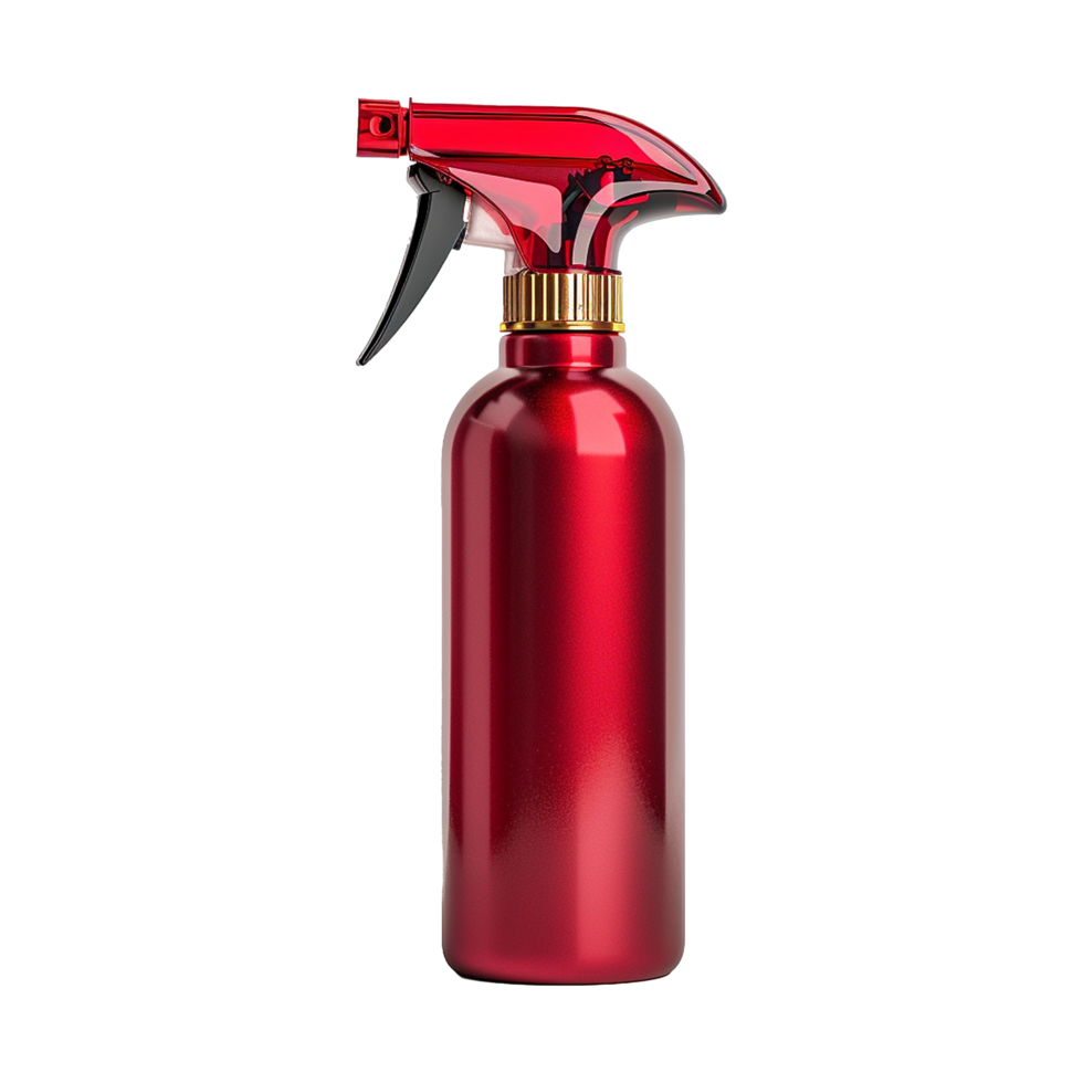 Red Metal Spray Bottle with Black Trigger and Gold Accents Elegant Design for Hair Care Cleaning and More png