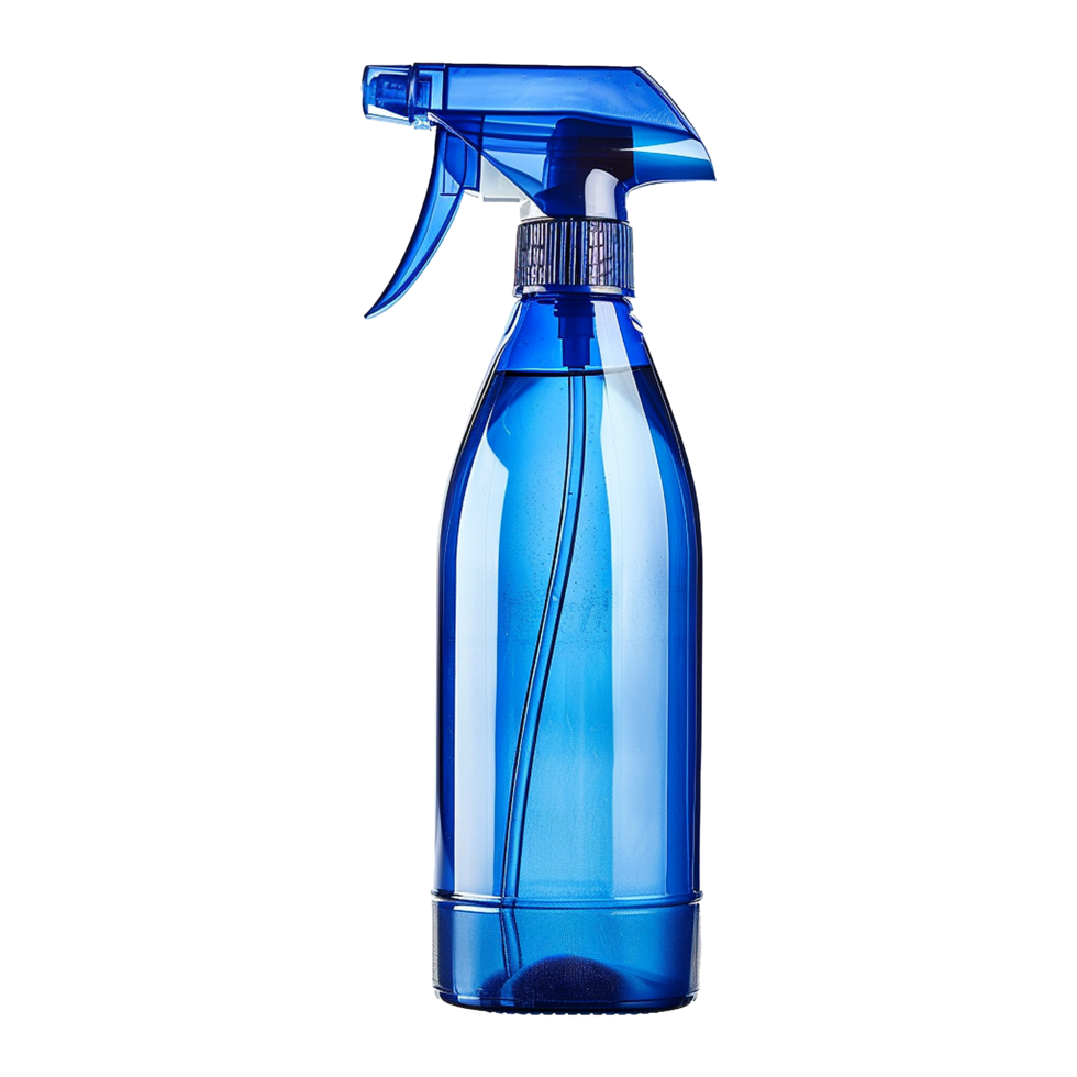 A vibrant blue plastic spray bottle with a trigger sprayer for various cleaning and dispensing needs png