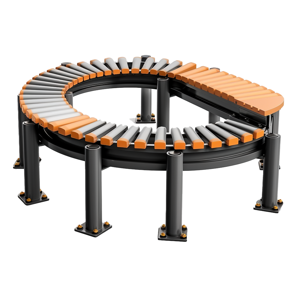3D Render of a Curved Roller Conveyor System with Orange and Gray Rollers png