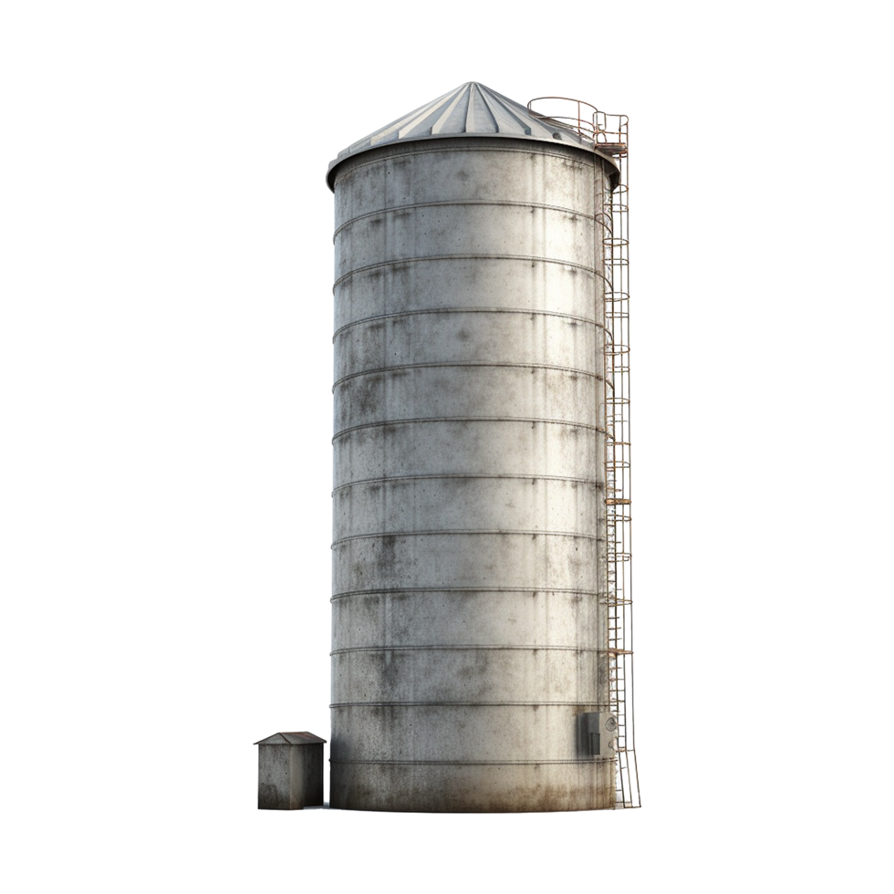 Tall Metal Grain Silo with Attached Ladder and Small Outbuilding png