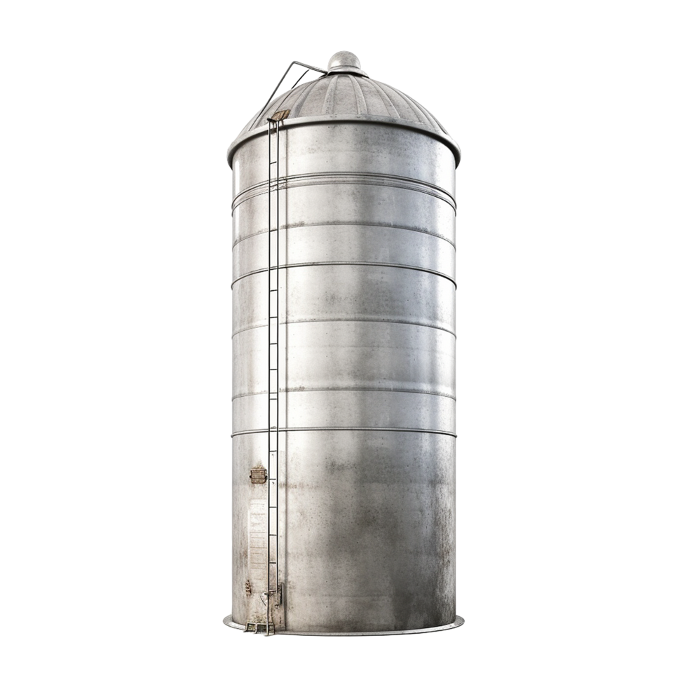 Tall Metal Grain Silo with Ladder and Dome Top in Isolated White Background png