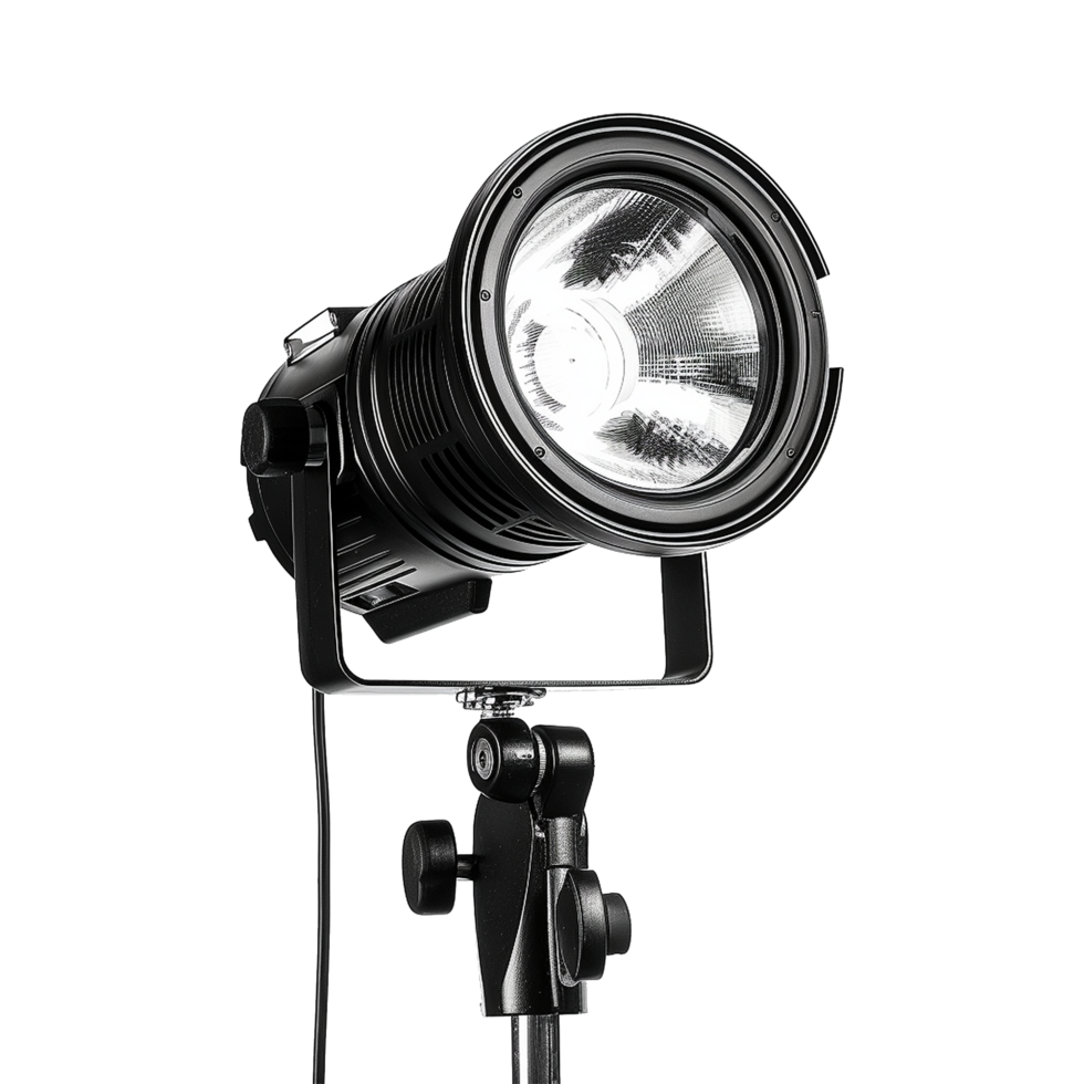 Professional Black LED Fresnel Spotlight on Stand for Studio Photography and Filmmaking png