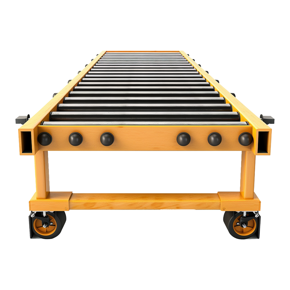 Highangle view of a portable roller conveyor system with wooden frame and black rollers png