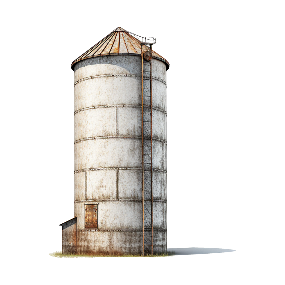 Rustic White Metal Silo with Rusty Roof and Ladder in Farm Setting png