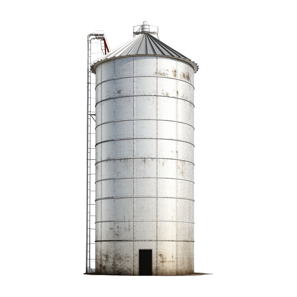 Tall Metal Grain Silo Storage Structure with Conical Roof and Attached Pipeline png