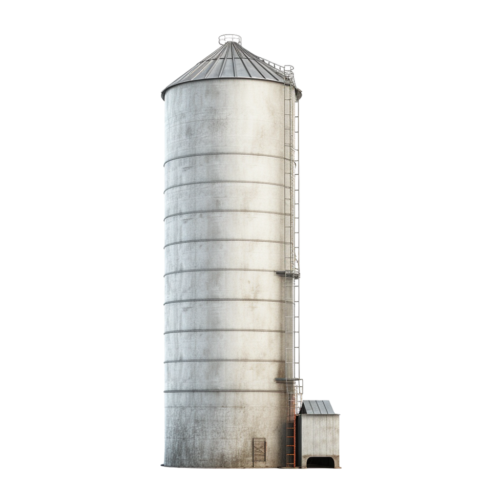 Tall Metal Grain Silo Storage Building Exterior Isolated on White Background png