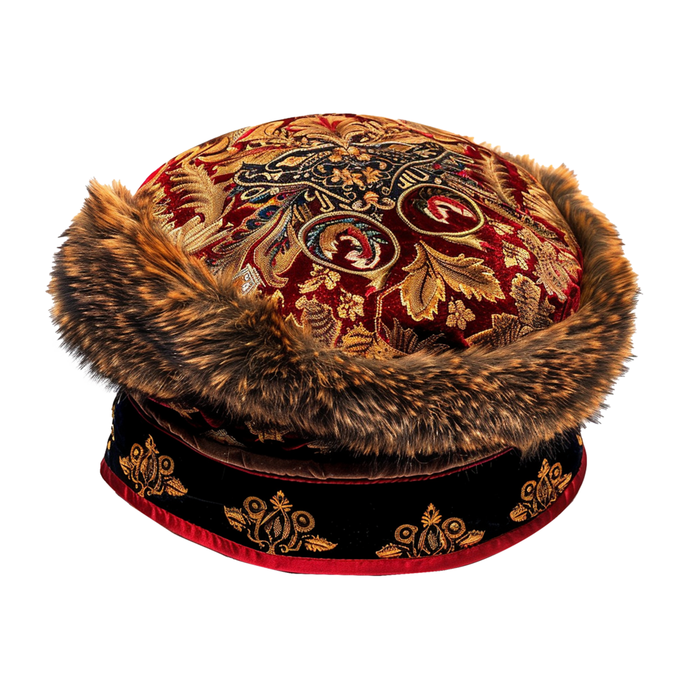 Ornate Red and Gold Velvet Hat with Brown Fur Trim Exquisite Headwear png