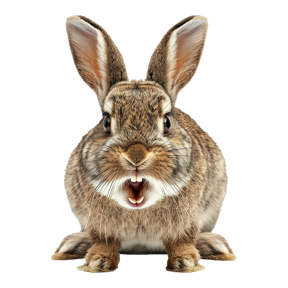Closeup of an adorable brown bunny rabbit with big ears and open mouth showing teeth, looking directly at the camera png