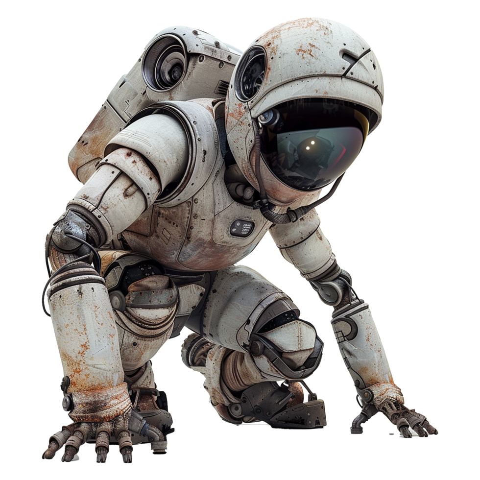 A weathered robotic astronaut in a crouching position, ready to spring into action png