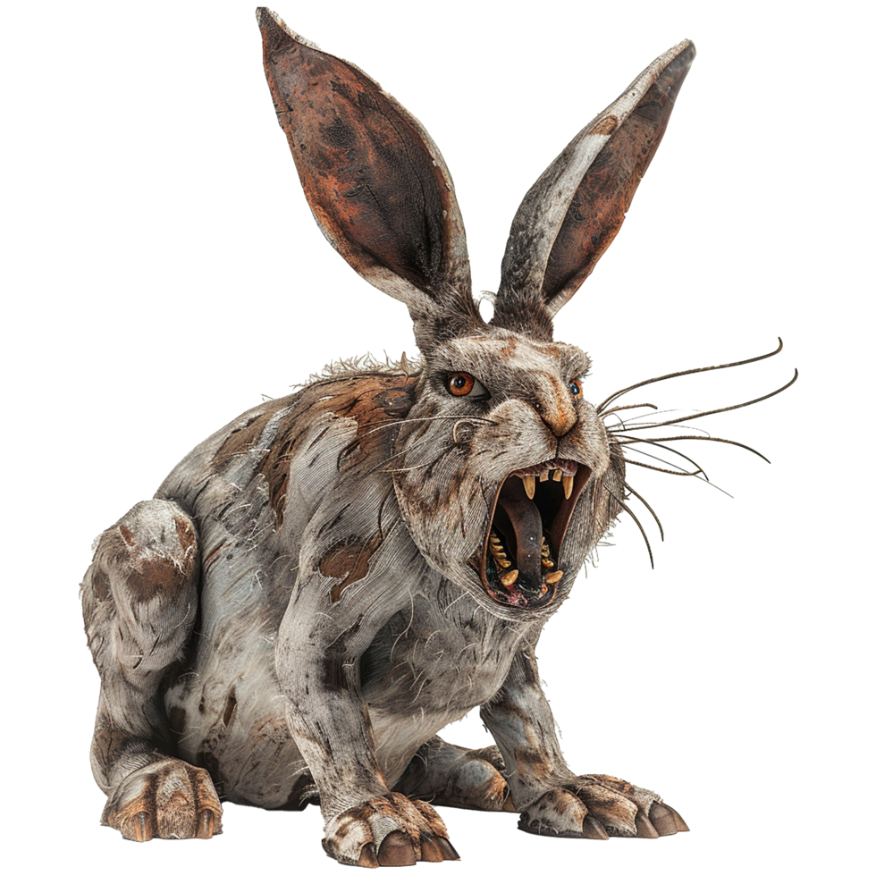 A terrifying monstrous rabbit bares its fangs in a dramatic 3D render png