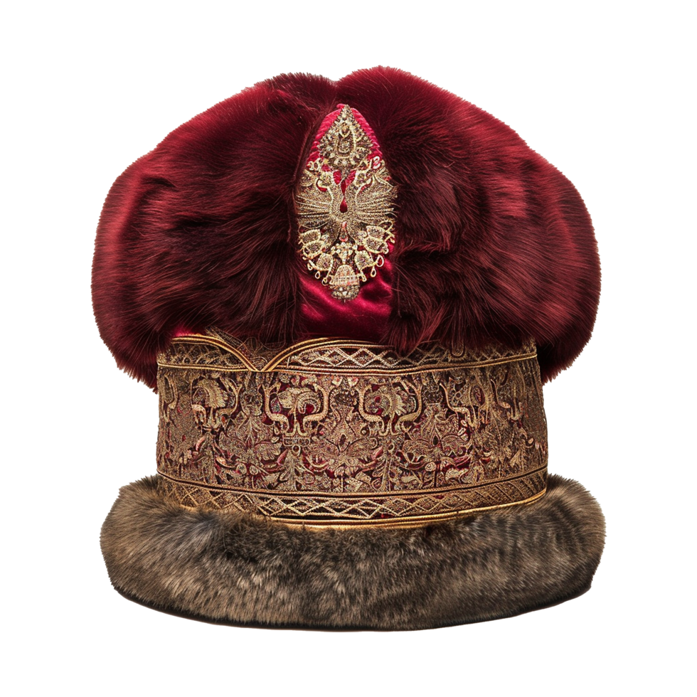 Ornate Imperial Russian Fur Hat with Embroidered Detail and Double Fur Trim png
