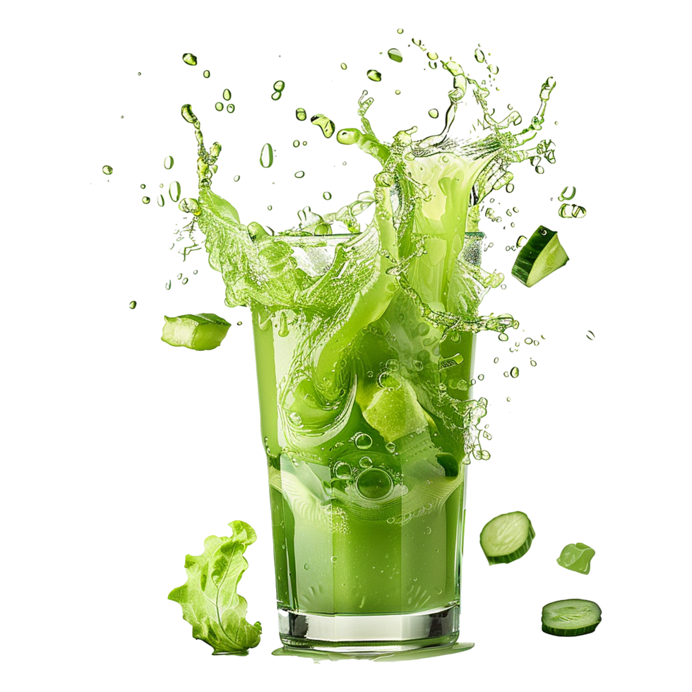 Refreshing Green Cucumber Juice Splashing in a Glass with Ice and Lettuce png