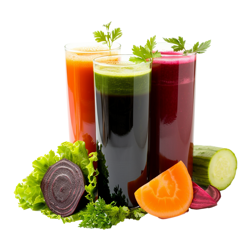Refreshing Trio of Carrot Beet and Green Vegetable Juices in Glasses with Fresh Produce png