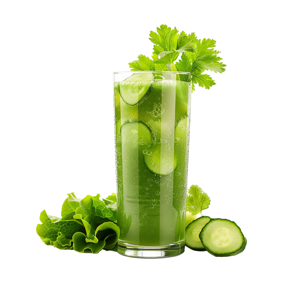 Refreshing Green Cucumber Celery Juice with Lettuce Garnish in a Tall Glass png
