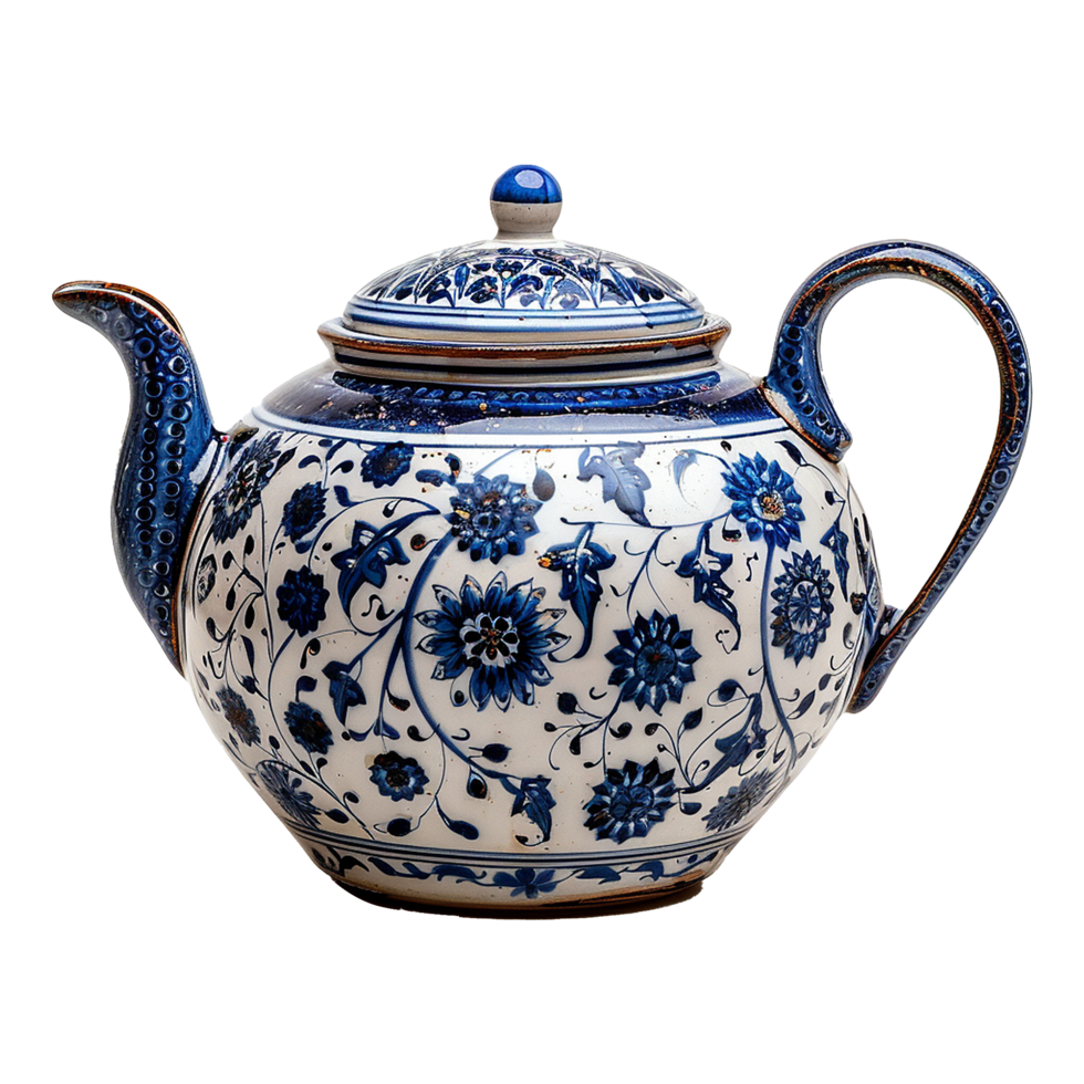 Exquisite Blue and White Porcelain Teapot with Floral Design png