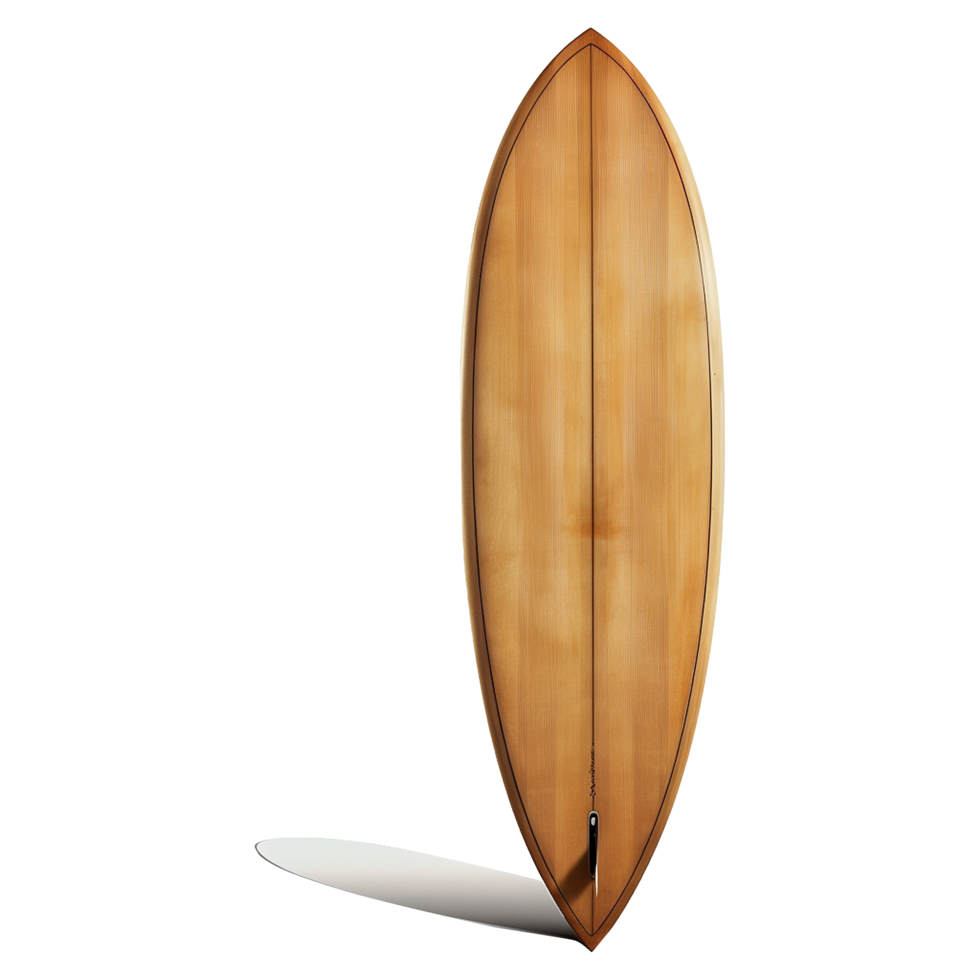 Wooden surfboard on display against a blurred background png